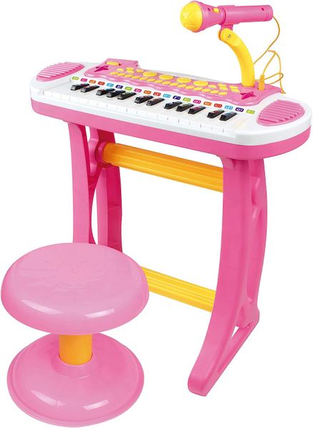 Kid's Toy Piano Keyboard with Sitting Stool &amp; Working Microphone-Blue