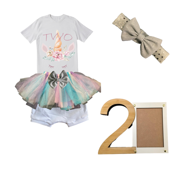 2nd Birthday-Unicorn Tutu Outfit-Short Sleeve With Headband and Photo Frame