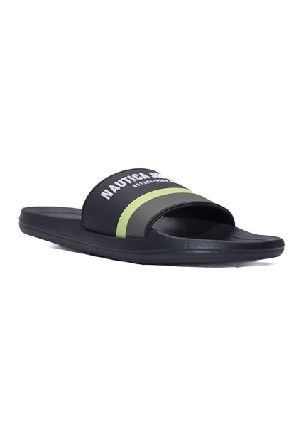 Nautica Jeans - Men's Slide Sandals in Black with Lime Green Stripe