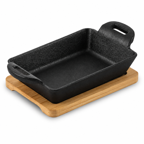 Cast Iron Griddle 15x11x3cm with Bamboo Base for Stovetops and Grills