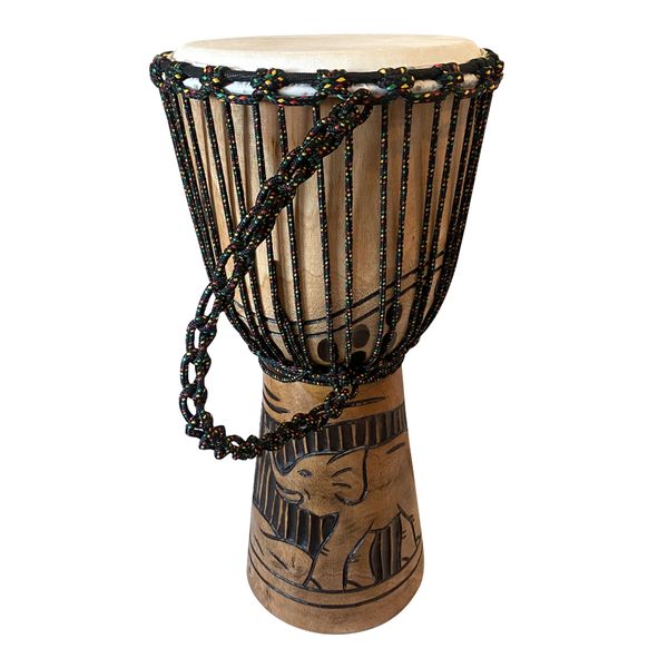 Handmade Mahogany Skinned Djembe Drum with Elephant Carving