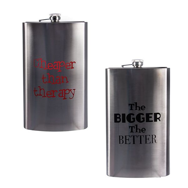 Bulk Pack x 2 Huge Hip Flask Stainless Steel With Words 27cm 1.8 Liter