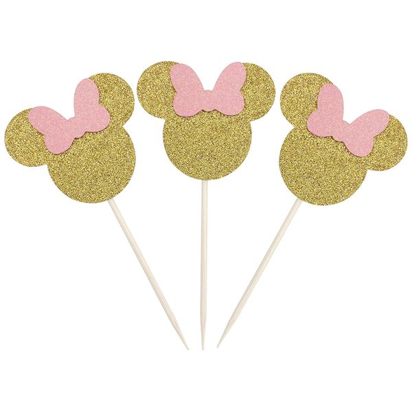 JD 24Pcs Minnie Mouse Inspired Cupcake Toppers with Pink Bow