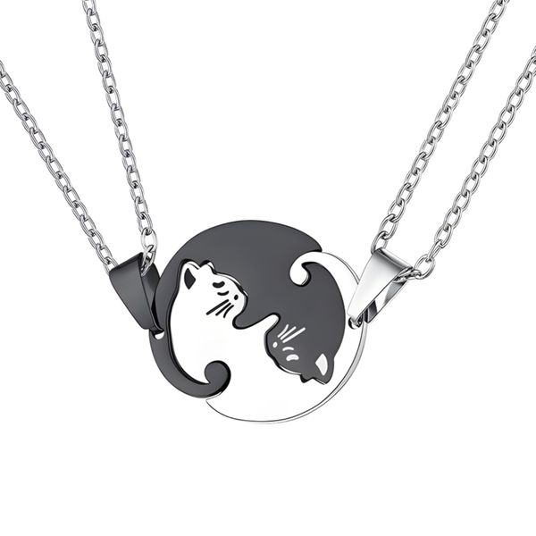 Yin Yang Cat Valentine Couple's 2-Piece Round Pendant Necklace Pair