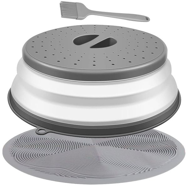 3 Piece Collapsible Microwave Food Splatter Cover, Silicone Mat &amp; Brush