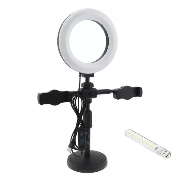 6" Desktop Dual Cellphone Stand With LED Ring Light + USB Light Stick