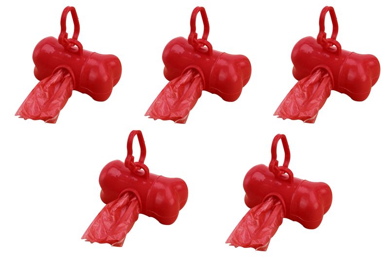 5 x Dog Poop Poo Plastic Bags Set for Pet Walking - Blue - Bone Shape Holder