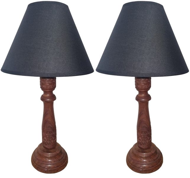 Litex Lamps Hand Carved Wooden Table Lamp with Black Lampshade Twin Pack
