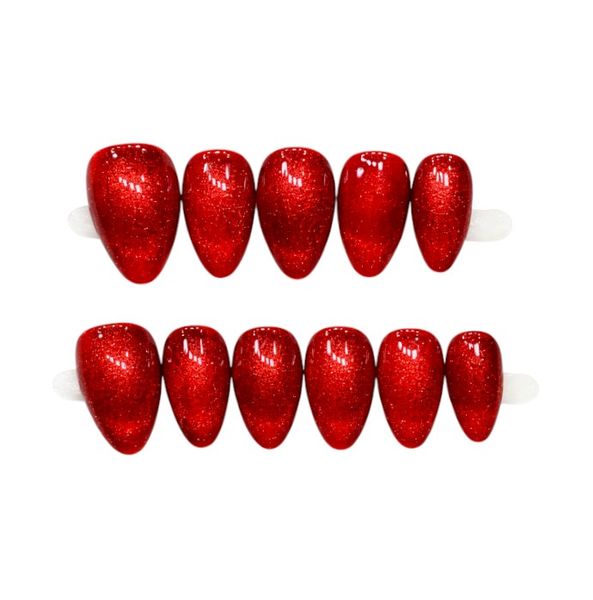 10-Piece Small Red Glitter Press-On Nail Set - Glossy Almond Shape