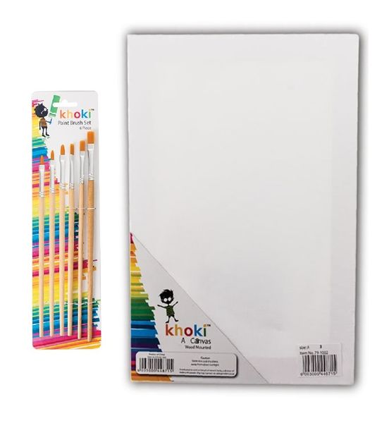 Art+Craft Paint Brushes 6pce &amp; A3 Wood Mounted Canvas