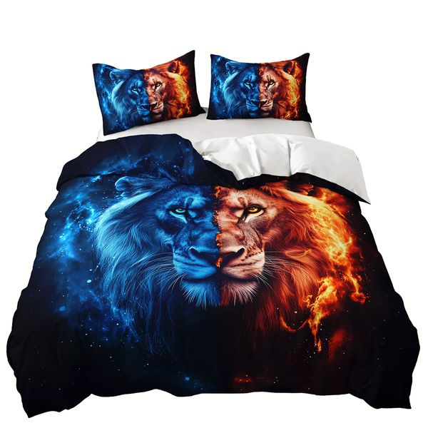 Fire &amp; Ice Lion 3D Printed Double Bed Duvet Cover Set