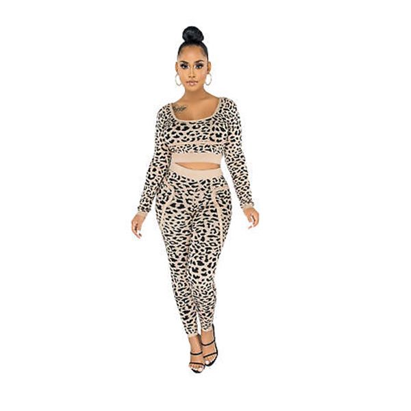 Winter Women Long Sleeves Leopard Print Casual Long Jumpsuit 2 Piece