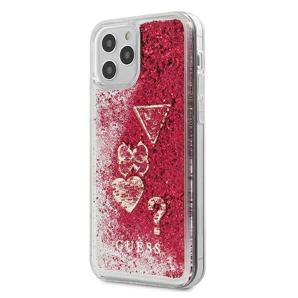 GUESS HARD COVER LIQ. GLITTER CHARMS RASPBERRY IP12 Mini/Pro/Pro Max