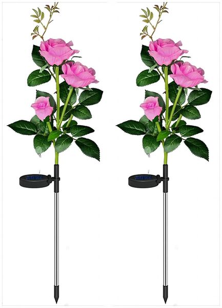 Outdoor Solar Rose Flower Lights, 2 Pack 3 Heads Solar Garden Stake Lights