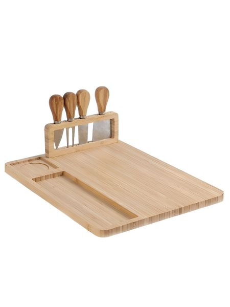 Bamboo Cheese Board, Cutting Board Set With 4 Stainless Still Knives