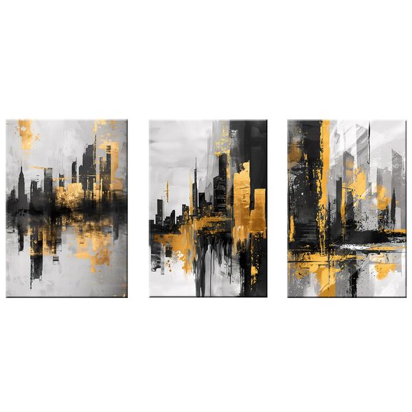 Canvas-Art-3 Pieces Black &amp; Gold City Life Abstract Wall Art
