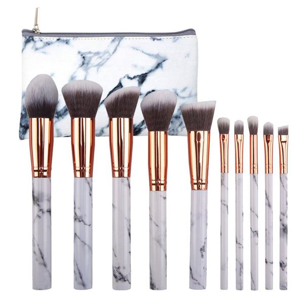 10 Piece Marble Makeup brush set with pouch-White