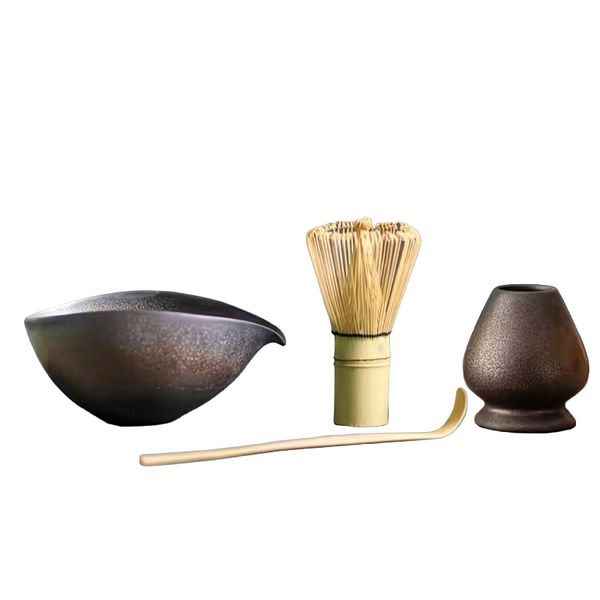 Hand-Worked Matcha Tea-Making Dark Brown Set - Bowl, Whisk &amp; Stand, Spoon