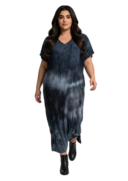 Black Tie Dye Rayon Plus Size Boho Kaftan Dress