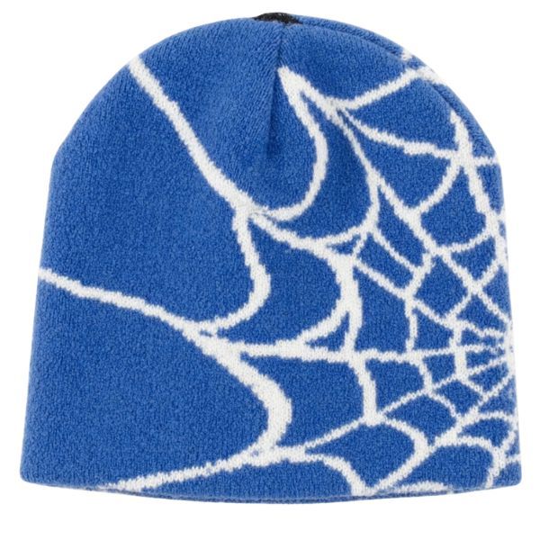 Blue Spiderweb Knitted Beanie - White Graphic Winter Hat