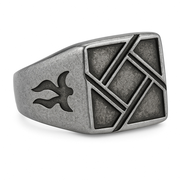 Stainless Steel Geometric Design Square Signet Ring - Size W