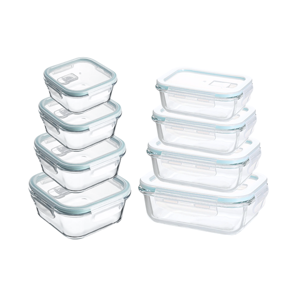Set of 8 Airtight Borosilicate Glass Square &amp; Rectangle Food Containers