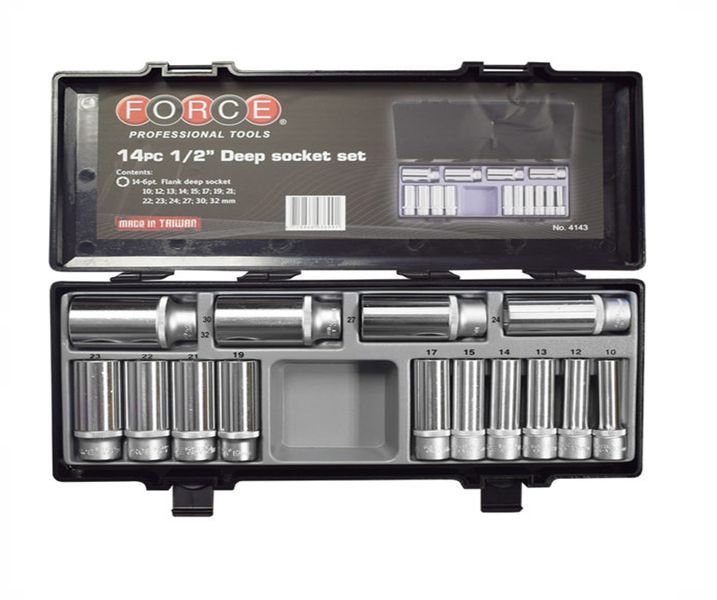 Force - 1/2" Dr 14 Piece Chrome Socket Set 10-32mm Deep