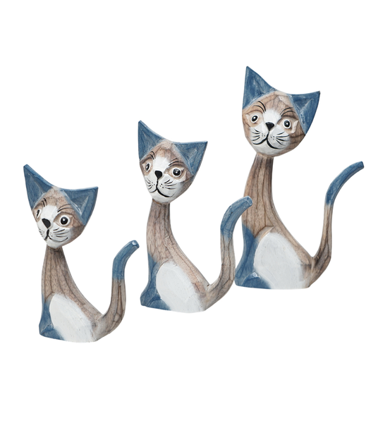Hand-Carved Wooden Cat Figurines Set of 3 - 14cm, 16ccm, 18cm