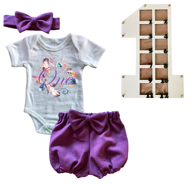 First Birthday Outfit-Bubble shorts &amp; Photo Frame- Purple-Boho