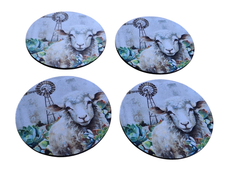 4-Piece Coaster Set with Rubber Backing - Sheep, Succulents &amp; Windmill