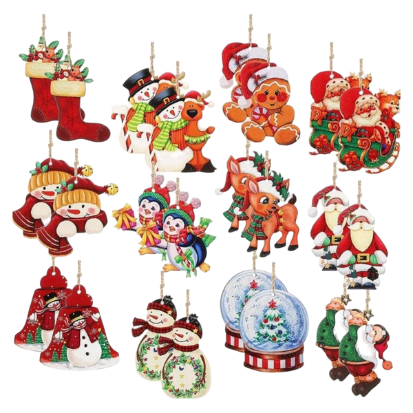 24 Piece Vintage Christmas Hanging Wooden Ornaments For Tree And Giftbox