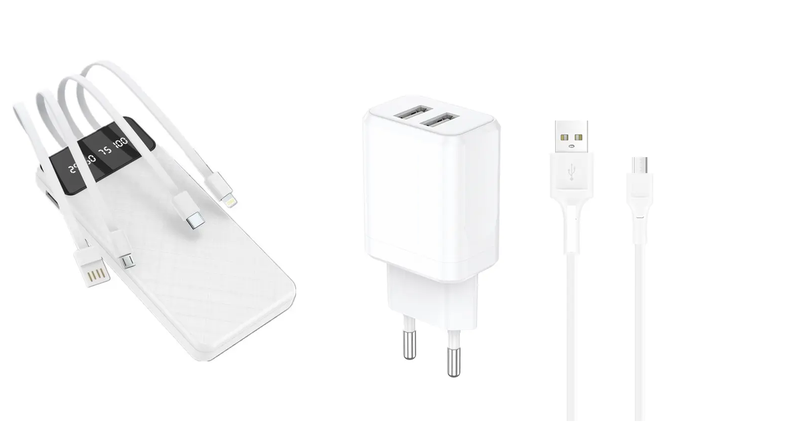 TM Power Bundle - 2 USB Port Charger + Type C cable + 10000 mAh Power Bank