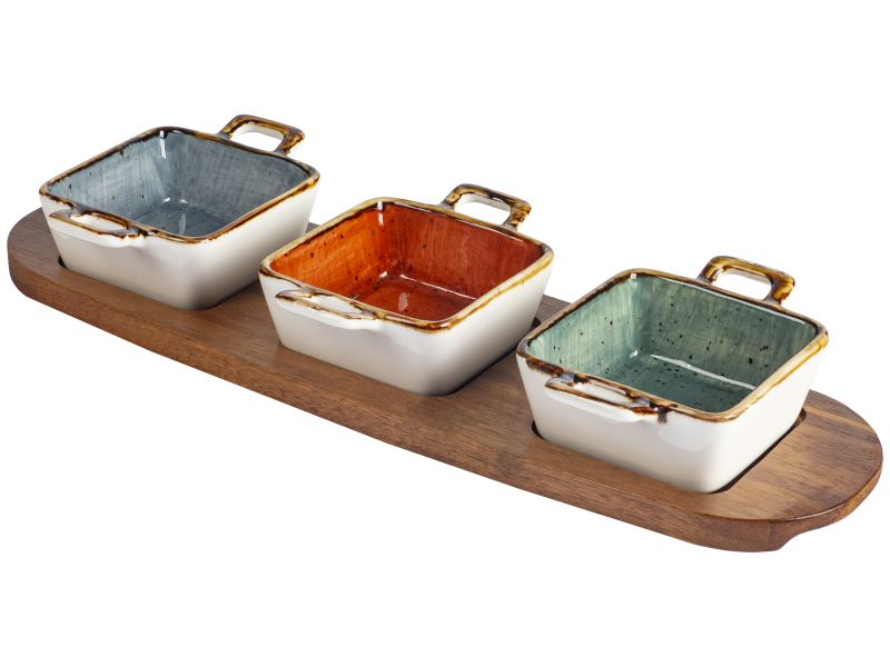 Tapas Board with Set of 3 assorted Colour Square Bowls