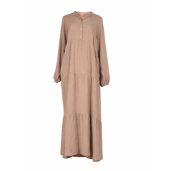 Stone Tiered Button-Front Modest Maxi Dress with Long Sleeves Abaya Style