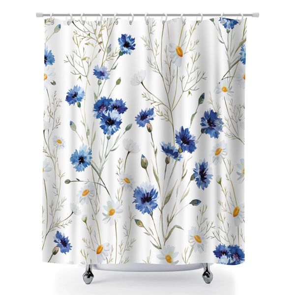 Flower Pattern Shower Curtain with 12 Hooks, 180x180cm Bathroom Curtain
