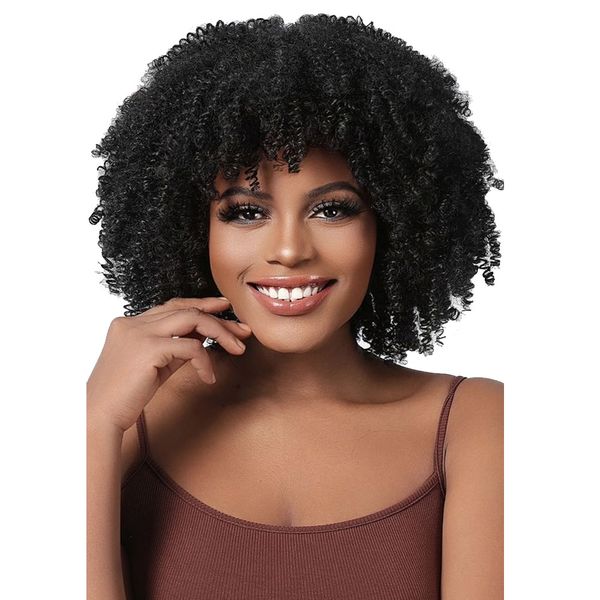 Short Curly Afro Wig with Bangs for Black Women, Synthetic Hair Natural