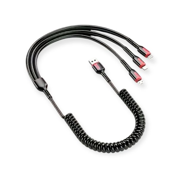 Black 3-in-1 USB Spring Coil Charging Cable
