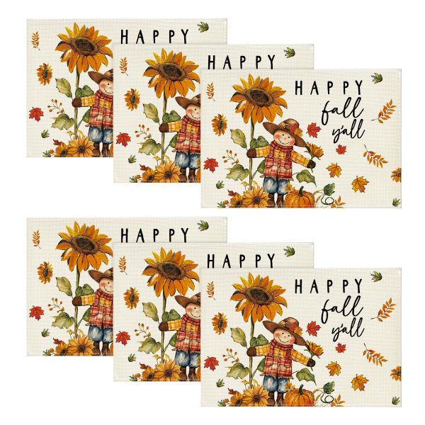 Happy Scarecrow Leaves Fall Placemats Set of 6