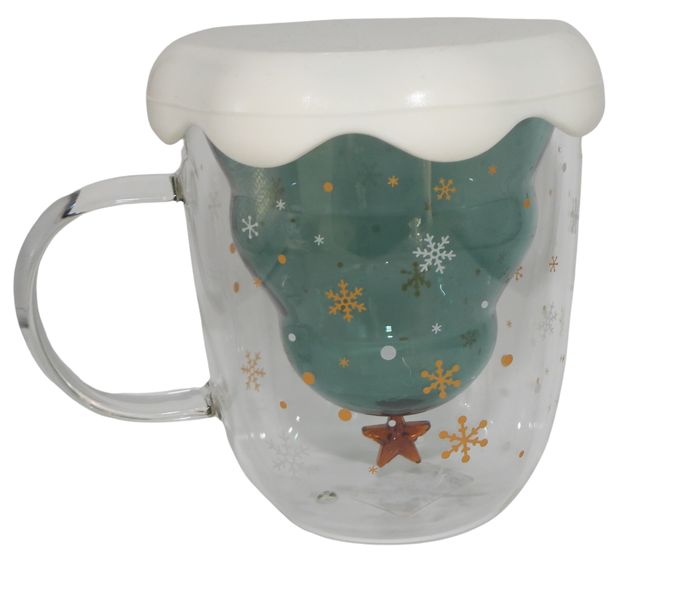 Christmas Tree Shaped Double Walled Glass Mug with Lid- Set of 2
