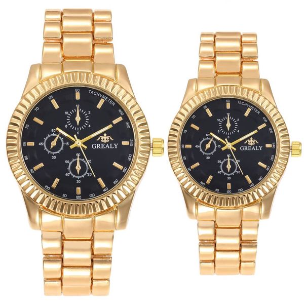 Grealy Couple Watches Men and Women Gold Stainless Steel Watch
