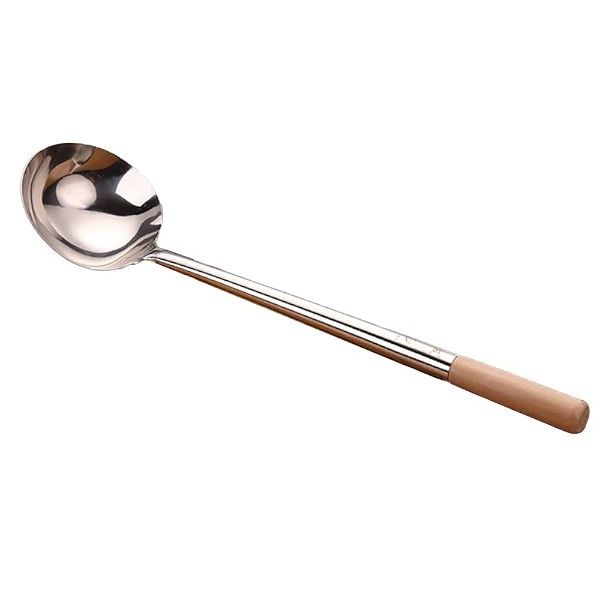 Stainless Steel Large Soup Ladle with Wooden Handle - Silver