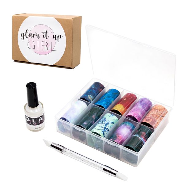Nail Foil Art/ Box of 10 Pieces, Nail Art Glue &amp; Pen (Galaxy)