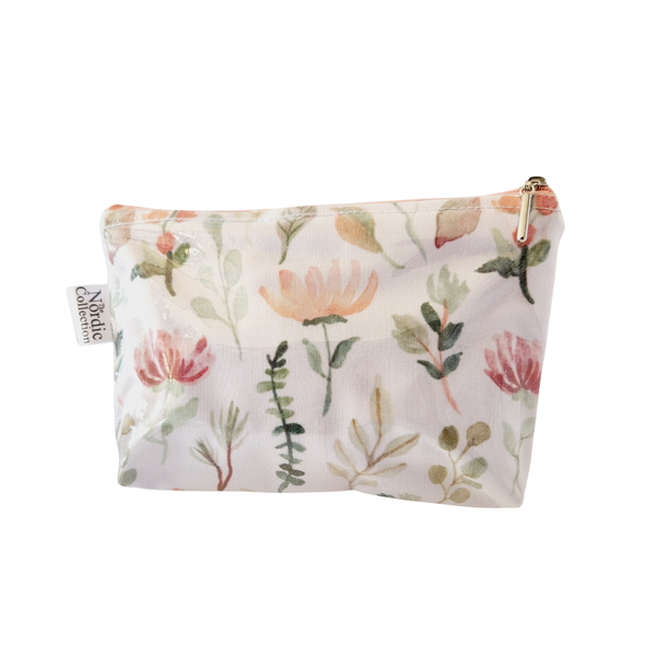 Nordic Scandinavian Medium Pink Flowers Cosmetic Toiletry Makeup Travel Bag