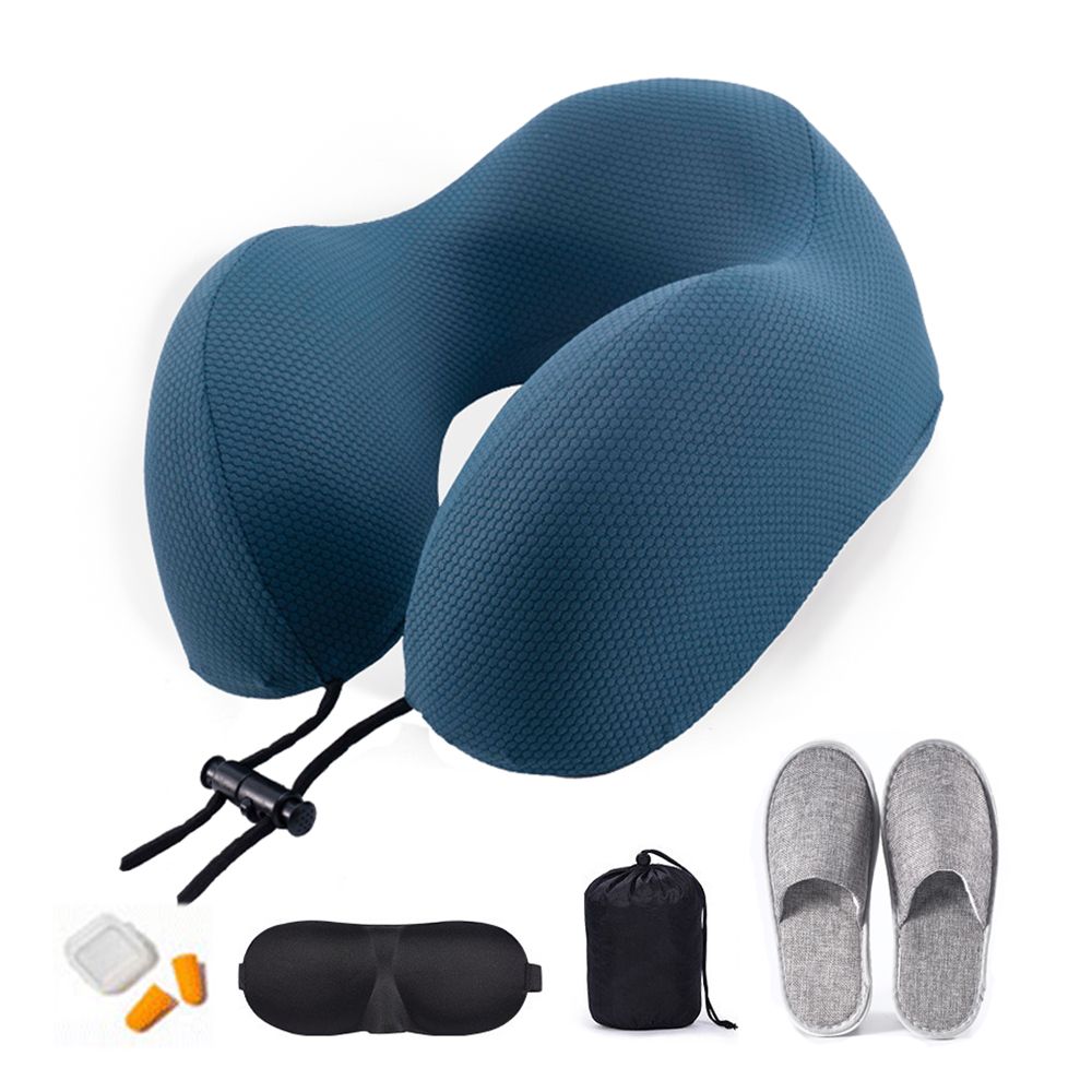 Ice Silk Memory Foam Travel Pillow with Eye Mask,Earplugs,Slippers - Blue
