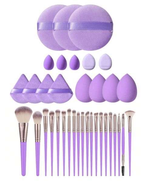 20 Piece Makeup Brush Set With 16 Beauty Blenders &amp; Powder Puffs - Purple