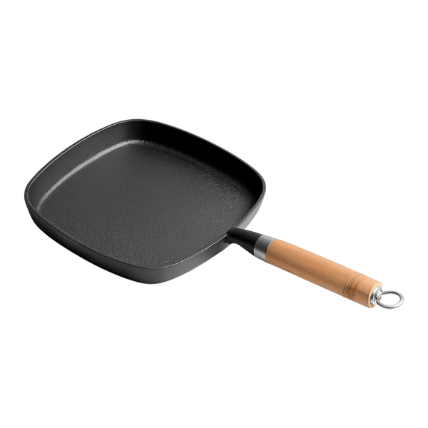 Cast Iron Grill Pan With Wooden Handle - Black