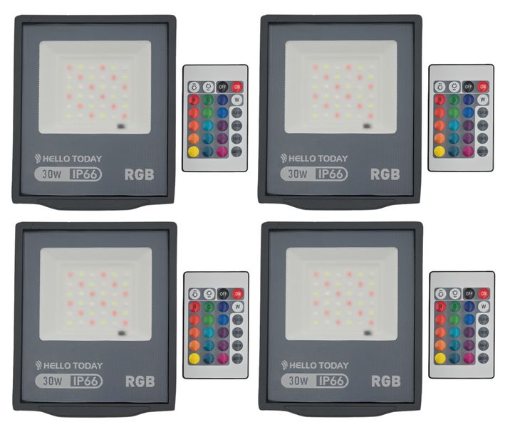 Hello Today RGB LED Flood Light With Remote 30W - 4 Pack