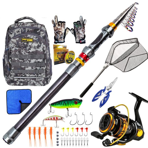 Carbon Fiber Telescopic Fishing Rod &amp; Reel Set - Camo Backpack Tackle Kit