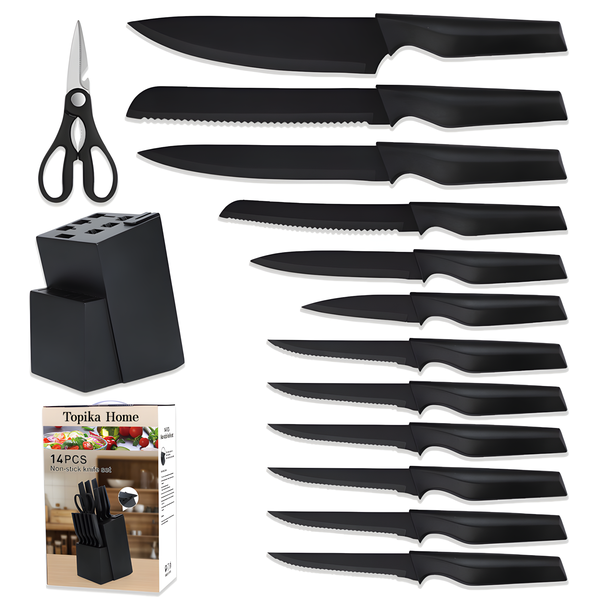 Topika 14 Piece Kitchen Knife Set with Knife Block, Sharp Stainless Blades