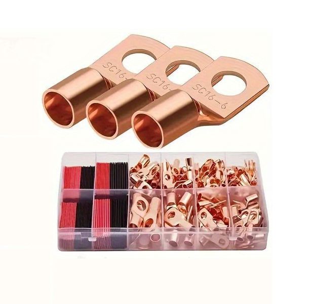 100Pcs Copper Battery Cable Lug Kit with 50 Heat Shrinkable Tubing